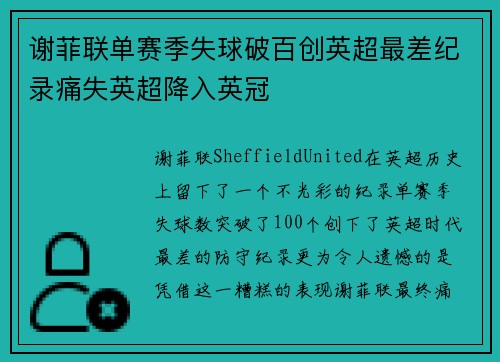 谢菲联单赛季失球破百创英超最差纪录痛失英超降入英冠