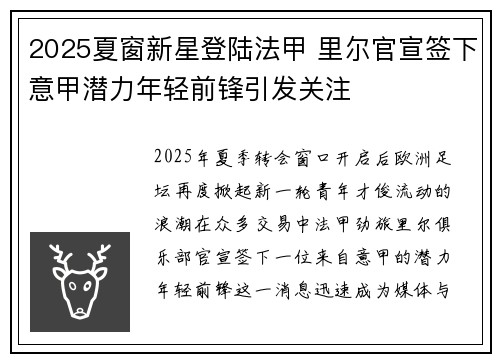 2025夏窗新星登陆法甲 里尔官宣签下意甲潜力年轻前锋引发关注