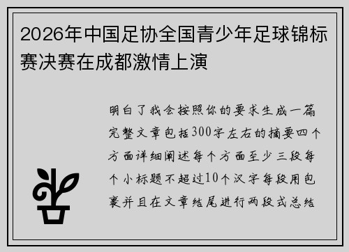 2026年中国足协全国青少年足球锦标赛决赛在成都激情上演